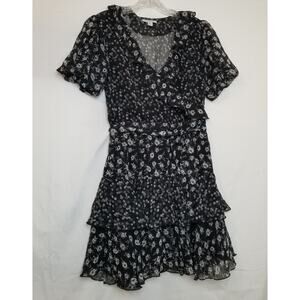 TopShop Chiffon Black & Gray Floral Print Ruffle Tiered Mini Dress Size 6